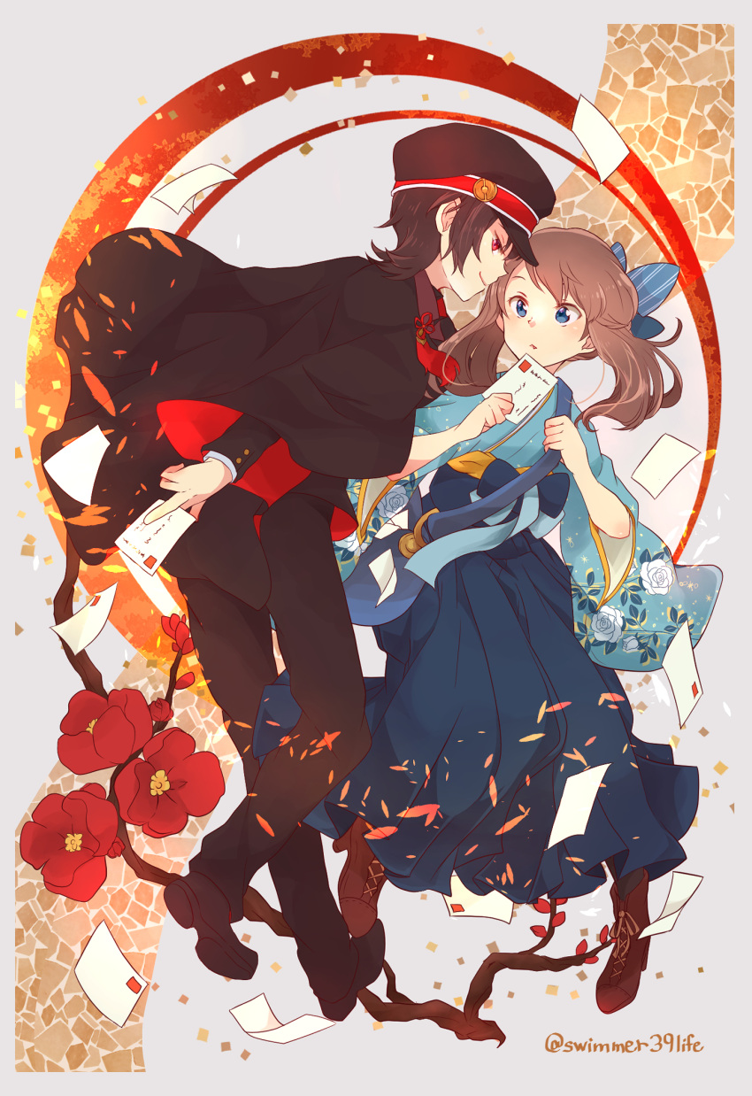 1boy 1girl between_fingers black_cape black_footwear black_headwear black_pants blue_bow bow brendan_(pokemon) brown_footwear cape fang flower hat highres holding holding_letter japanese_clothes letter mailbag may_(pokemon) mirai_(rs-729201204113-lg) pants plum_blossoms pokemon pokemon_adventures red_eyes smile wide_sleeves