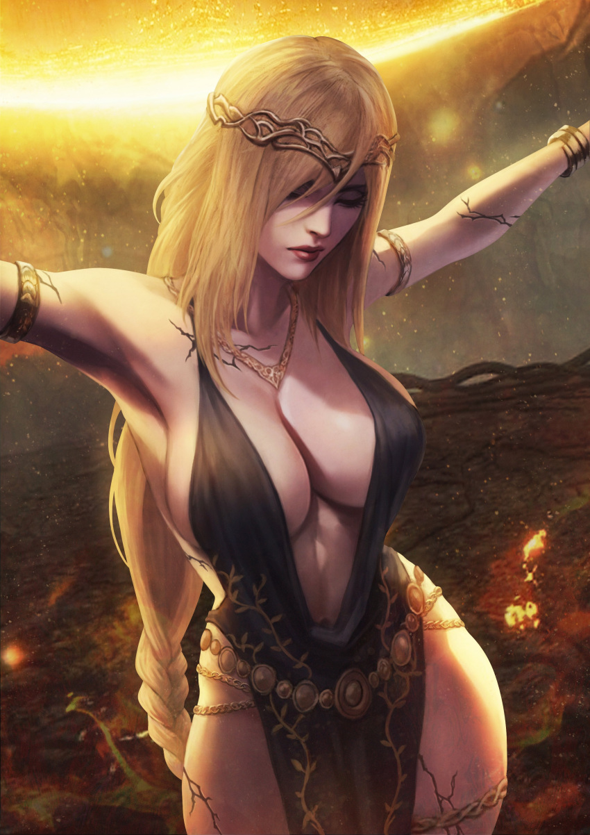 1girl absurdres armpits arms_up bare_shoulders blonde_hair braid breasts circlet cleavage closed_eyes closed_mouth cracked_skin dress elden_ring gold_belt highres jewelry large_breasts monori_rogue necklace outstretched_arms queen_marika_the_eternal single_braid solo thighlet