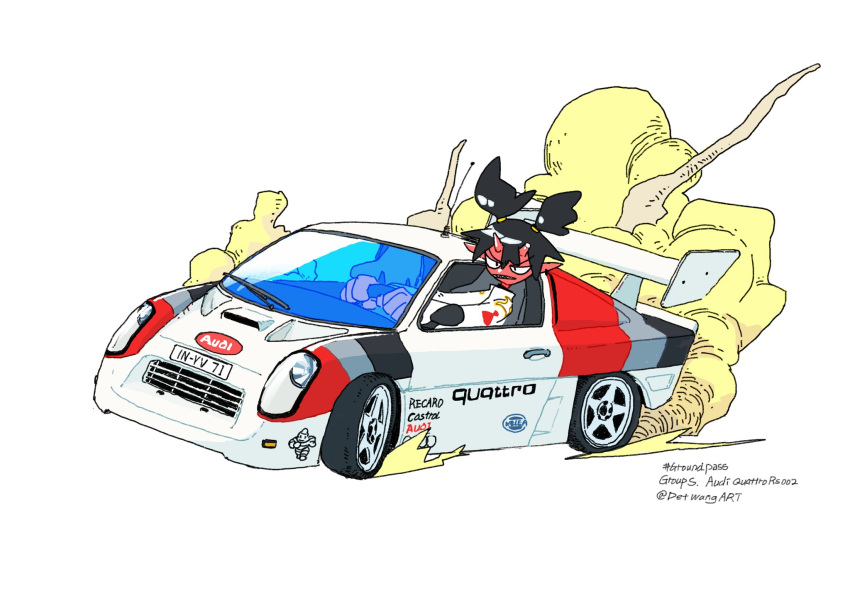 1girl audi audi_sport_quattro_rs_002 black_eyes black_hair car colored_sclera colored_skin d._wang frown highres horns jumpsuit looking_at_viewer michelin michelin_man motor_vehicle original parted_lips pointy_ears race_vehicle racecar racing_suit rally_car red_skin sharp_teeth smoke spoiler_(automobile) teeth twintails twitter_username vehicle_focus vehicle_name white_jumpsuit world_rally_championship yellow_sclera