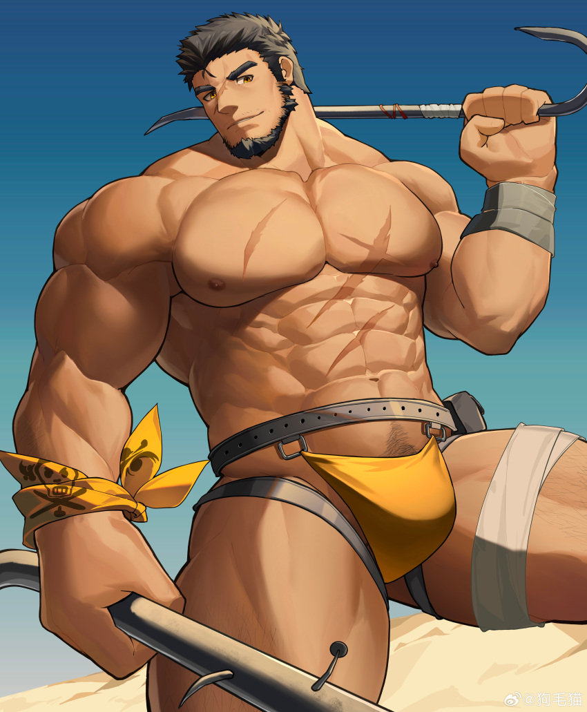 1boy abs absurdres bandaged_leg bandages bandana bandana_around_arm bara beard bulge facial_hair feet_out_of_frame harpoon highres large_pectorals legs_apart looking_at_viewer male_focus male_underwear mature_male muscular muscular_male mustache_stubble navel navel_hair nipples original over_shoulder pectorals sand scar scar_on_chest seductive_smile short_hair skull_print smile solo stomach tekkowang thick_eyebrows thick_thighs thighs topless_male unconventional_male_underwear underwear weapon weapon_over_shoulder yellow_bandana yellow_male_underwear