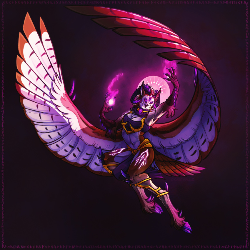 anthro arm_tuft avian bird brown_body brown_feathers clothed clothing elbow_tuft elemental_manipulation feathered_wings feathers female fire fire_manipulation full-length_portrait hi_res hooves horn kardinaluz mouth_closed navel no_sclera owl pink_pupils portrait pupils purple_eyes purple_horn simple_background solo tuft white_body white_feathers wings