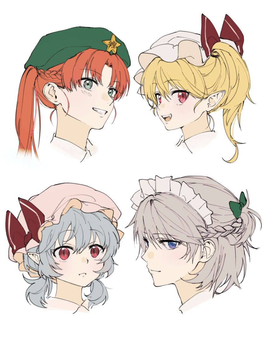 4girls absurdres beret blonde_hair blue_eyes blue_hair blush bow braid closed_mouth collared_dress dress fang fangs flandre_scarlet french_braid green_bow green_eyes green_headwear grey_hair hair_between_eyes hair_bow hat hat_bow hat_ornament highres hong_meiling izayoi_sakuya long_hair looking_at_viewer low_twintails maid_headdress mob_cap multiple_girls open_mouth orange_hair parted_bangs pink_dress pink_eyes pink_headwear pointy_ears ponytail red_bow red_eyes remilia_scarlet shirt short_hair short_ponytail side_ponytail simple_background smile star_(symbol) star_hat_ornament teeth tongue touhou twintails white_background white_headwear white_shirt wing_collar yoi_(user_auxa3535)