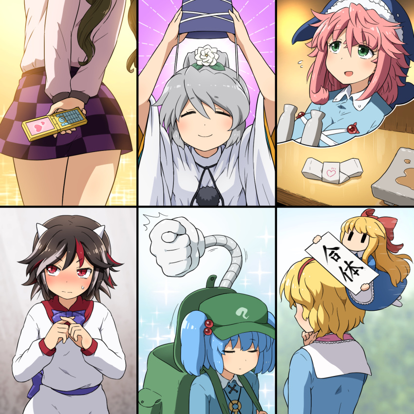 6+girls alice_margatroid animal_hat black_hair blonde_hair blue_dress blue_hair blue_headwear blue_shirt brown_hair cellphone checkered_clothes checkered_skirt dress flat_cap flower green_eyes green_headwear grey_hair hair_bobbles hair_ornament hat highres himekaidou_hatate holding holding_phone horns japanese_clothes kariginu kawashiro_nitori kijin_seija long_hair long_sleeves mononobe_no_futo multicolored_hair multiple_girls okunoda_miyoi phone pink_hair ponytail red_eyes shanghai_doll shirosato shirt short_hair short_sleeves skirt streaked_hair tate_eboshi touhou twintails two_side_up whale_hat white_flower white_hair white_horns white_shirt wide_sleeves