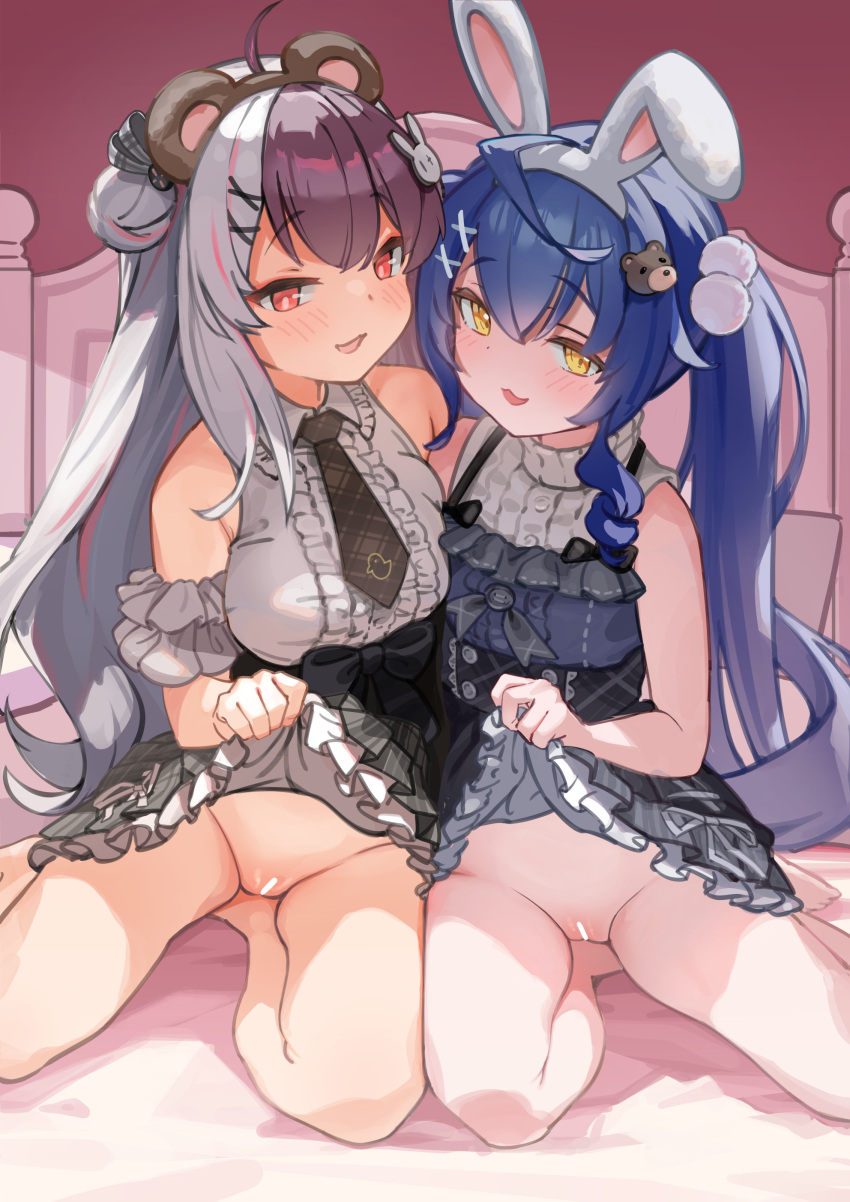 2girls :3 absurdres amamiya_kokoro animal_ears bar_censor bare_shoulders barefoot bear_ears bear_hair_ornament bed black_bow black_skirt blue_hair blue_shirt blush bow breasts brown_hair brown_hairband brown_necktie censored center_frills detached_sleeves double_bun fake_animal_ears frills grey_hair grey_shirt grey_skirt hair_bun hair_ornament hairband high-waist_skirt highres lifted_by_self long_hair looking_at_viewer medium_breasts miniskirt multicolored_hair multiple_girls necktie nijisanji no_panties official_alternate_costume paid_reward_available parted_lips petticoat plaid_necktie pleated_skirt pom_pom_(clothes) pom_pom_hair_ornament pussy rabbit_ears rabbit_hair_ornament red_eyes red_hair shiromochimikan shirt side-tie_skirt sitting skirt sleeveless sleeveless_shirt sleeveless_sweater smile split-color_hair streaked_hair sweater take_your_pick thighs turtleneck twintails underwear very_long_hair virtual_youtuber white_hairband x_hair_ornament yellow_eyes yorumi_rena yorumi_rena_(11th_costume)