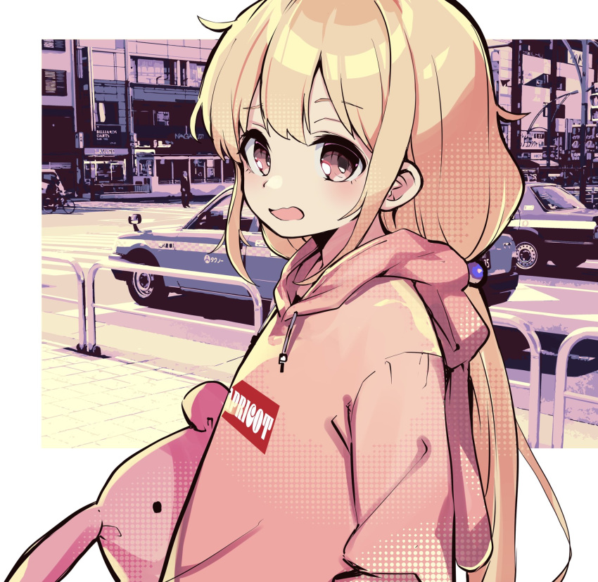 1girl bicycle blonde_hair blush bow brown_eyes building bus crosswalk fence from_side futaba_anzu greatpengh hair_bobbles hair_bow hair_ornament highres holding holding_stuffed_toy hood hood_down hoodie idolmaster idolmaster_cinderella_girls idolmaster_cinderella_girls_starlight_stage long_hair long_sleeves looking_at_viewer low_ponytail low_twintails motor_vehicle open_mouth photo_background pink_hoodie print_hoodie road solo stuffed_animal stuffed_rabbit stuffed_toy taxi twintails very_long_hair