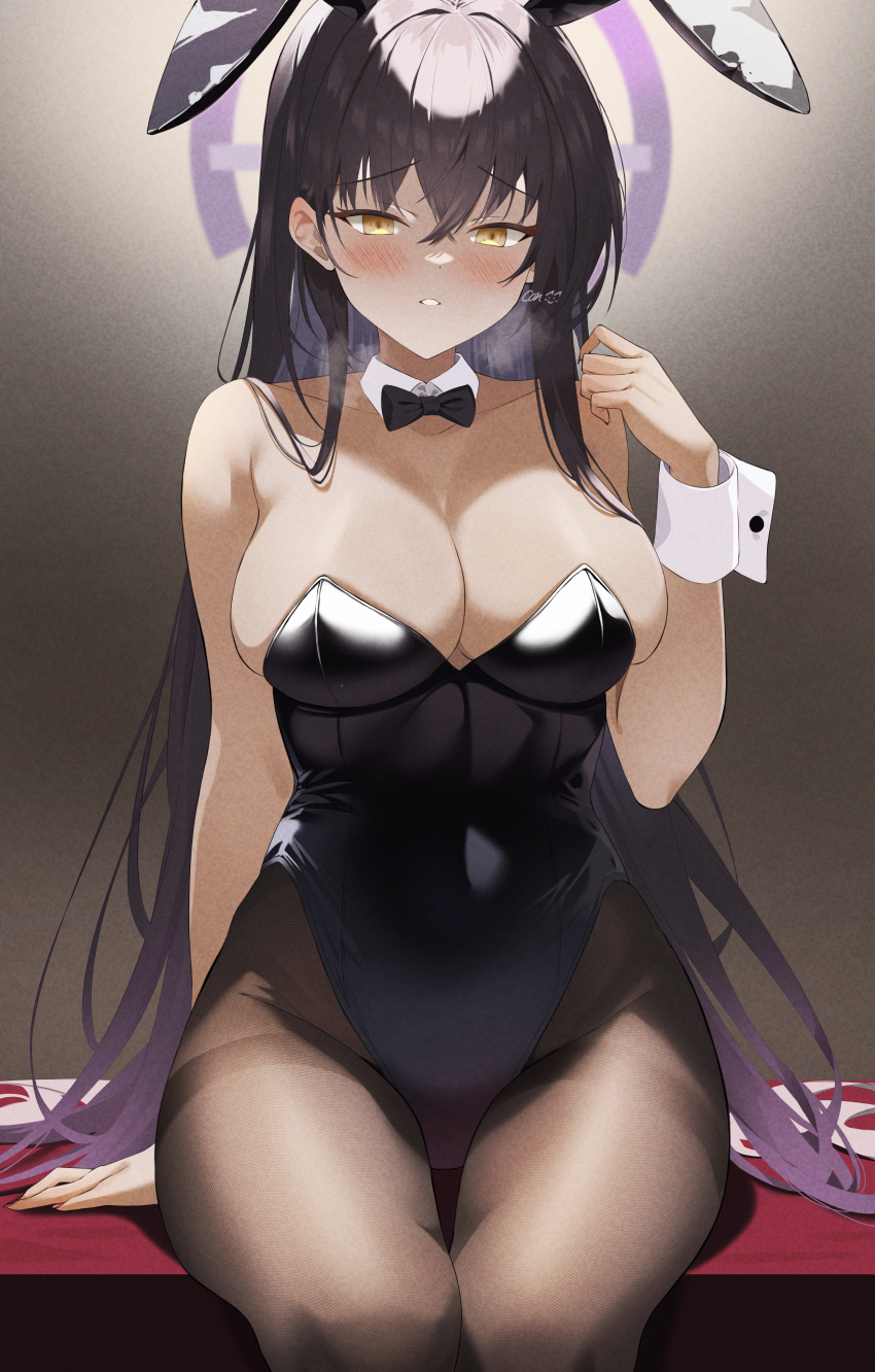 1girl absurdres alternate_costume animal_ears bare_shoulders black_bow black_bowtie black_hair black_leotard black_pantyhose blue_archive bow bowtie breasts casino_card_table cleavage collarbone commentary_request conconcon1031 dark-skinned_female dark_skin detached_collar fake_animal_ears hair_between_eyes hairband halo highleg highleg_leotard highres karin_(blue_archive) karin_(bunny)_(blue_archive) large_breasts leotard long_hair looking_at_viewer pantyhose parted_lips playboy_bunny playing_with_own_hair rabbit_ears sidelocks signature sitting sleeveless solo strapless strapless_leotard table wrist_cuffs yellow_eyes