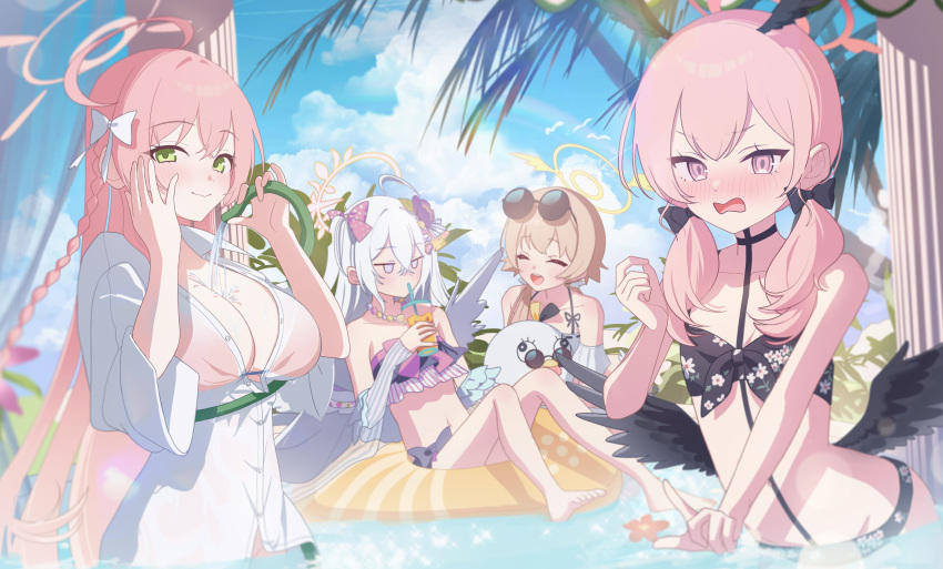 4girls absurdres azusa_(blue_archive) azusa_(swimsuit)_(blue_archive) barefoot bead_necklace beads bikini bikini_under_clothes black_bikini black_bow black_wings blue_archive blue_sky blush bow bow_bikini braid breasts cleavage closed_eyes closed_mouth cloud collarbone commentary_request crossed_bangs cup detached_sleeves double-parted_bangs drinking drinking_straw eyewear_on_head feathered_wings floral_print flower front-tie_bikini_top front-tie_top green_eyes hair_between_eyes hair_bow hair_flower hair_ornament hair_over_shoulder halo hanako_(blue_archive) hanako_(swimsuit)_(blue_archive) head_wings hifumi_(blue_archive) hifumi_(swimsuit)_(blue_archive) highres holding holding_cup holding_hose hose huge_breasts jewelry jitome kaerunrun knees_up koharu_(blue_archive) koharu_(swimsuit)_(blue_archive) light_brown_hair long_hair long_sleeves looking_at_viewer low_twintails low_wings make-up_work_club_(blue_archive) multicolored_bikini multicolored_clothes multiple_girls necklace nose_blush o_o official_alternate_costume open_mouth outdoors palm_tree peroro_(blue_archive) pink_eyes pink_hair pink_halo print_bikini purple_bikini round_eyewear shirt side_braid single_braid sitting sky small_breasts smile sunglasses swimsuit teeth toes tree twintails unbuttoned unbuttoned_shirt unbuttoned_sleeves upper_teeth_only wavy_mouth white_bikini white_bow white_hair white_shirt wings yellow_halo