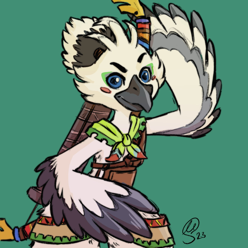 2023 anthro arrow_(weapon) avian beak biped bird blue_eyes bow_(weapon) breath_of_the_wild clothed clothing colored feather_hands feathers gillian_slaunwhite green_background hi_res looking_at_viewer male nintendo ranged_weapon rito signature simple_background solo standing tears_of_the_kingdom the_legend_of_zelda tulin_(tloz) weapon white_body white_feathers