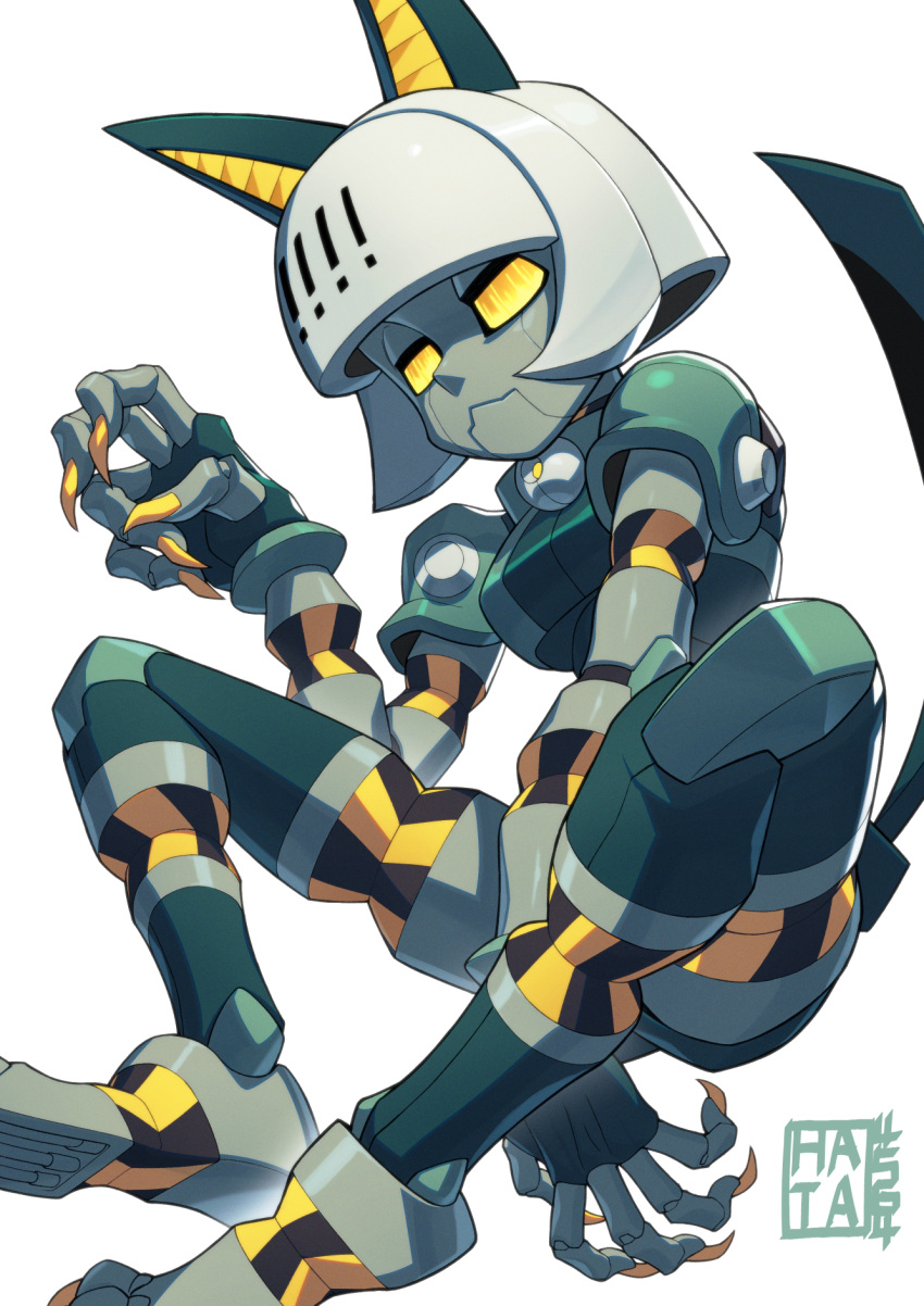 1girl android animal_ears arm_between_legs artist_name barefoot bob_cut cat_ears cat_girl cat_tail claws closed_mouth colored_skin feet fingernails grey_skin half-closed_eyes hand_up hata4564 highres joints legs metal_skin robo-fortune robot robot_girl robot_joints sharp_fingernails short_hair simple_background sitting skullgirls solo tail thighs toes white_background yellow_eyes yellow_nails