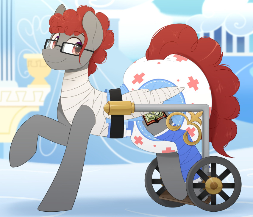 + amber_eyes bandage cast clothed clothing cloudsdale diaper diaper_fetish equid equine eyewear fan_character feral glasses hasbro hi_res mammal my_little_pony pegasus quadruped shuphle wearing_diaper wheelchair wings