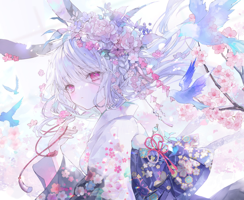 1girl animal animal_ears bird branch commentary floating_hair floral_print flower from_side grey_hair hair_between_eyes hair_flower hair_ornament hand_up highres japanese_clothes kimono long_hair long_sleeves looking_at_viewer looking_to_the_side onineko original pink_flower print_kimono purple_eyes rabbit_ears solo symbol-only_commentary upper_body white_flower white_kimono wide_sleeves