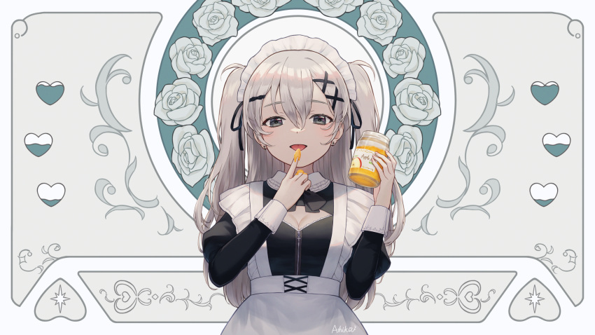 1girl :p apron ashika_(yftcc948) black_bow black_bowtie black_shirt bow bowtie breasts cleavage cleavage_cutout clothing_cutout food_on_hand frilled_apron frills grey_hair hair_between_eyes highres holding holding_jar index_finger_raised jam jar juliet_sleeves licking licking_finger long_hair long_sleeves maid maid_headdress medium_breasts open_mouth original puffy_sleeves raised_eyebrows shirt sidelocks signature solo straight-on tongue tongue_out two_side_up upper_body white_apron white_background