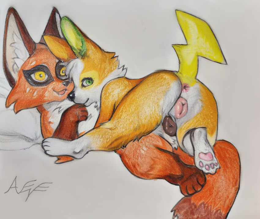 absurd_res anatomically_correct anatomically_correct_genitalia anatomically_correct_pussy animal_genitalia animal_pussy anus bedroom_eyes butt canid canine canine_genitalia canine_pussy canis color_pencil domestic_dog duo eevee_k female female/female feral fluffy fox generation_8_pokemon genitals green_eyes hi_res looking_at_viewer mammal narrowed_eyes nickit nintendo open_mouth pokemon pokemon_(species) presenting presenting_anus presenting_hindquarters presenting_pussy pussy seductive smile smiling_at_viewer traditional_media_(artwork) yamper yellow_eyes