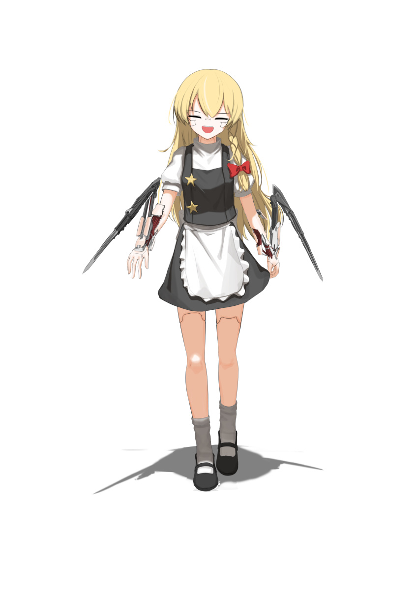 1girl :d absurdres apron arm_blade black_footwear black_skirt black_vest blonde_hair bow braid breasts closed_eyes commentary_request cookie_(touhou) cyberpunk_(series) full_body hair_bow highres joints kirisame_marisa long_hair mantis_blades_(cyberpunk) mary_janes medium_bangs no_headwear open_mouth prosthesis prosthetic_arm puffy_short_sleeves puffy_sleeves robot_joints round_teeth shadow shirt shoes short_sleeves simple_background single_braid skirt skirt_set small_breasts smile socks solo standing suzu_(cookie) teeth touhou transparent_background traveler_hxy upper_teeth_only vest waist_apron weapon white_apron white_shirt white_socks