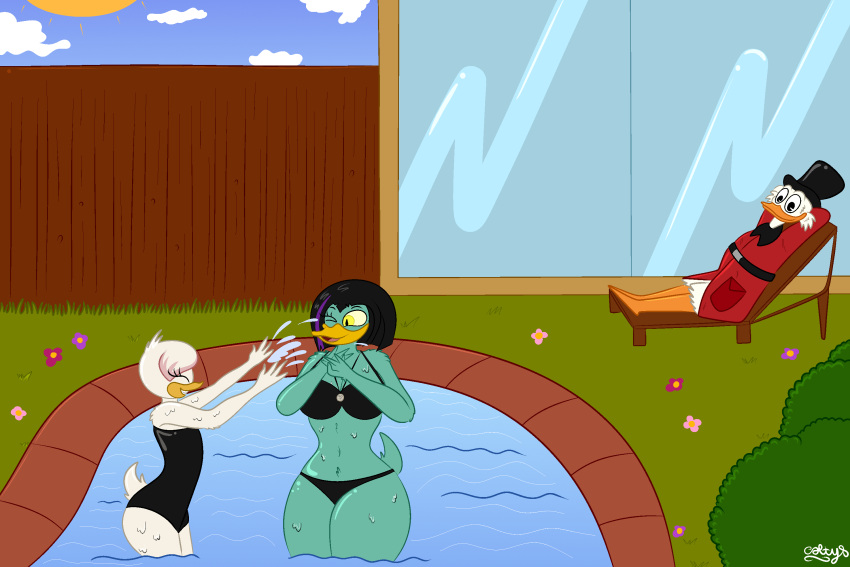 anatid anseriform anthro aunt_(lore) aunt_and_niece_(lore) avian backyard big_breasts bikini bird black_bottomwear black_bra black_clothing black_hair black_top black_top_hat black_topwear black_underwear bottomwear bra breasts cleavage clothed clothing coin colty8 dime disney duck ducktales ducktales_(2017) eyes_closed family family_bonding feathers female female/female flower green_body green_feathers group hair hat headgear headwear hi_res highlights_(coloring) jewelry lawn_chair lena_(ducktales) magica_de_spell male money navel necklace niece_(lore) one_eye_closed overcoat plant poolside purple_highlights relaxing revealing_outfit scrooge_mcduck shrub skimpy smile splashing_water summer swimming_pool swimwear teenager top_hat topwear trio underwear wholesome yellow_body yellow_feathers young