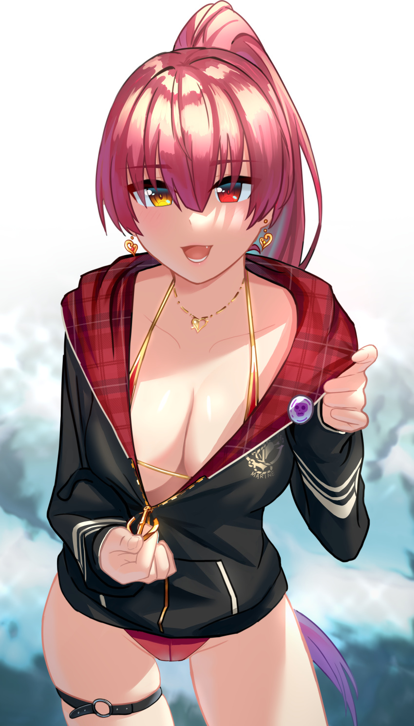 1girl absurdres alternate_costume arrow_through_heart bikini bikini_under_clothes black_jacket blush breasts cleavage collarbone commentary_request contrapposto cowboy_shot earrings hair_between_eyes highres hololive houshou_marine jacket jewelry large_breasts long_hair looking_at_viewer mixed-language_commentary necklace open_mouth pink_hair ponytail red_bikini red_eyes short_shorts shorts skindentation smile solo swimsuit thigh_strap toby000777 unzipped virtual_youtuber yellow_eyes