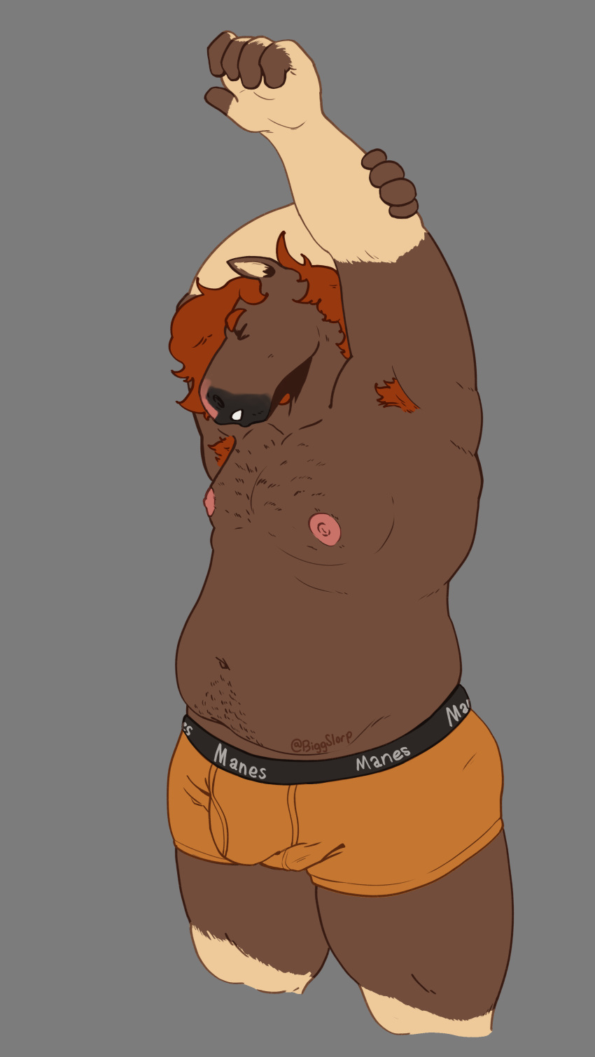 absurd_res anthro belly biggslorp bottomwear briefs bulge clothed clothing digital_media_(artwork) equid equine eyes_closed fur hair hi_res horse humanoid_hands male mammal moobs navel nipples overweight overweight_anthro overweight_male simple_background slightly_chubby solo stretching underwear