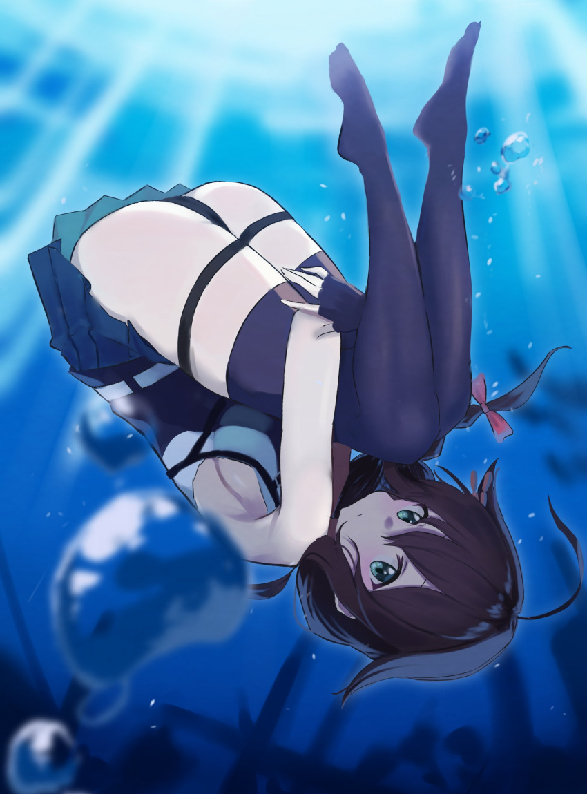 1girl ahoge air_bubble black_gloves black_hair black_panties black_shirt black_skirt blue_eyes braid bubble fingerless_gloves gloves hair_flaps hair_over_shoulder highres hugging_own_legs kantai_collection lanthan long_hair panties pleated_skirt shigure_(kancolle) shigure_kai_san_(kancolle) shirt single_braid skirt sleeveless sleeveless_shirt solo two-tone_shirt underwater underwear upside-down