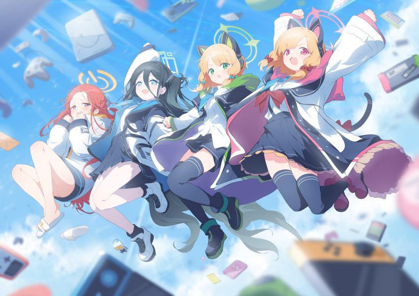 4girls :d ahoge animal_ear_headphones animal_ears aris_(blue_archive) arms_up bare_legs black_hair blonde_hair blue_archive blue_eyes blush bow braid cat_ear_headphones controller day fake_animal_ears forehead game_console game_controller game_development_department_(blue_archive) green_halo hair_between_eyes hair_bow hair_ornament hairband halo handheld_game_console headphones highres jacket jell_(jell_y_fish) jumping kirara_jump long_hair long_sleeves looking_at_viewer midair midori_(blue_archive) momoi_(blue_archive) multiple_girls necktie nintendo_switch one_side_up open_mouth outdoors red_hair shirt sky smile thighhighs twintails very_long_hair white_shirt yellow_halo yuzu_(blue_archive)