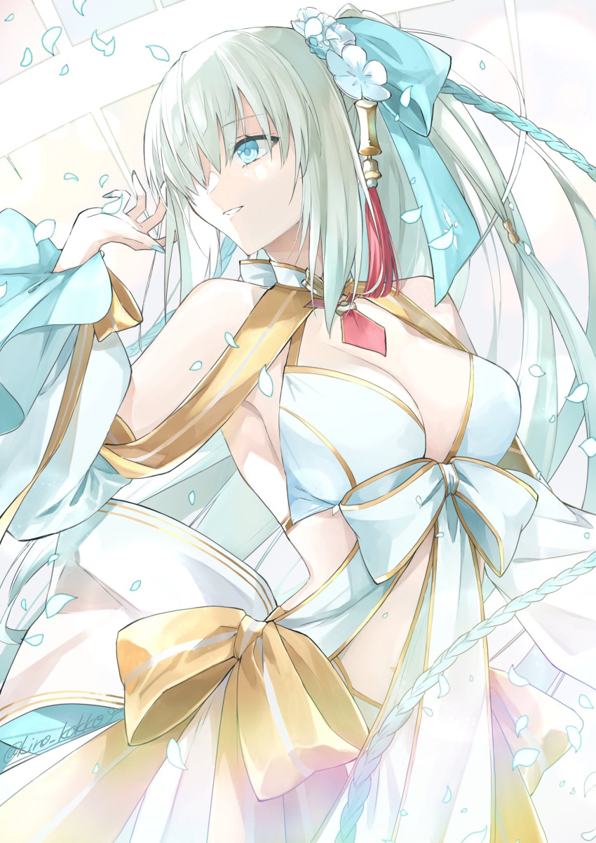 1girl bare_shoulders bikini blue_eyes blue_hair braid breasts cleavage detached_sleeves fate/grand_order fate_(series) flower french_braid gold_trim gradient_hair grin hair_flower hair_ornament hair_ribbon highres kino_kokko large_breasts long_hair long_skirt long_sleeves looking_to_the_side morgan_le_fay_(fate) morgan_le_fay_(water_princess)_(fate) multicolored_hair ponytail puffy_long_sleeves puffy_sleeves ribbon sidelocks skirt smile solo swimsuit twin_braids very_long_hair white_bikini white_hair white_skirt