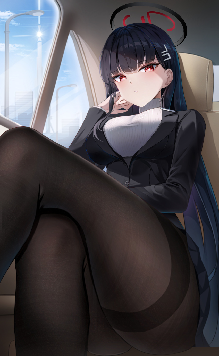 1girl absurdres black_hair black_pantyhose black_skirt blue_archive breasts bright_pupils crossed_legs feet_out_of_frame hair_ornament hairpin halo highres large_breasts li_se long_hair long_sleeves looking_at_viewer pantyhose red_eyes ribbed_sweater rio_(blue_archive) skirt solo sweater turtleneck turtleneck_sweater white_pupils white_sweater