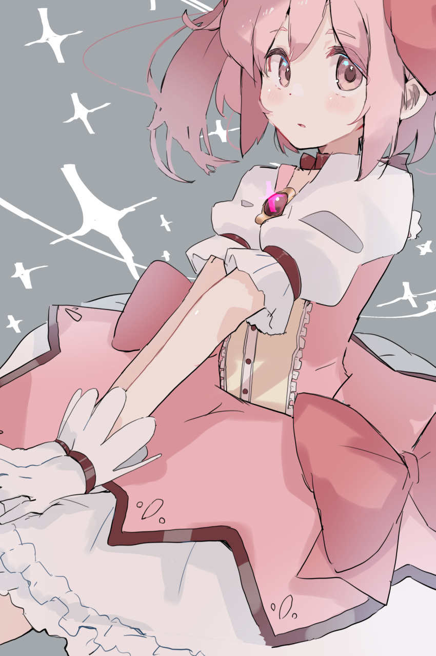 1girl blush bow bubble_skirt buttons choker cowboy_shot dot_nose dress frilled_skirt frilled_sleeves frills gloves grey_background hair_between_eyes hair_bow highres kaname_madoka light_blush looking_at_viewer magical_girl mahou_shoujo_madoka_magica mahou_shoujo_madoka_magica_(anime) own_hands_together parted_lips pink_bow pink_eyes pink_hair pink_ribbon priority9 puffy_short_sleeves puffy_sleeves red_choker red_ribbon ribbon ribbon_choker short_sleeves short_twintails sidelocks simple_background skirt solo soul_gem sparkle sparkle_background twintails v_arms white_gloves