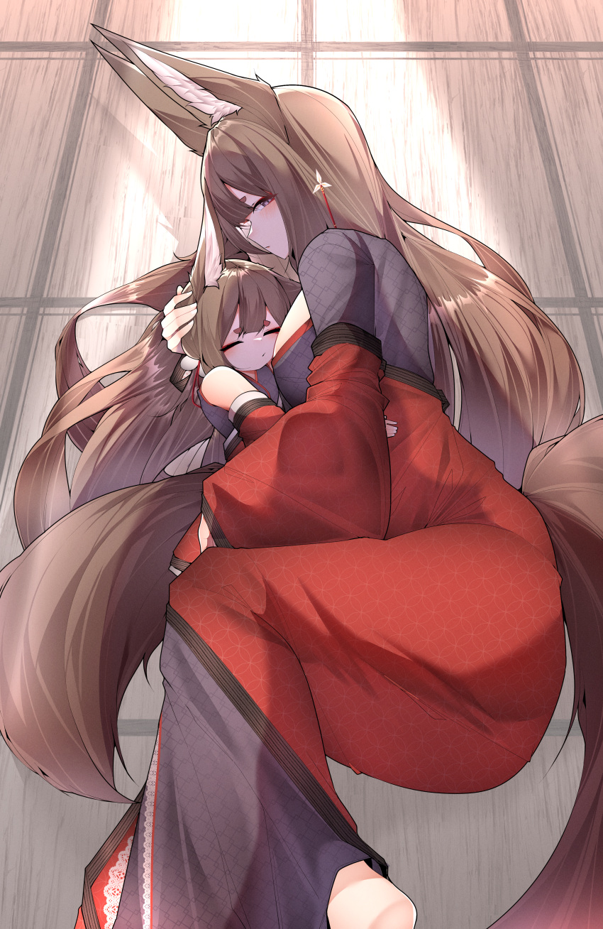 2girls absurdres amagi-chan_(azur_lane) amagi_(azur_lane) animal_ears azur_lane bare_shoulders blush breasts brown_hair closed_eyes cuddling expressionless eyeshadow flower fox_ears fox_girl fox_tail full_body hair_between_eyes hair_flower hair_ornament hairpin half-closed_eyes hand_on_another's_head head_on_chest highres hug japanese_clothes kimono kitsune knees_up large_breasts long_hair looking_at_viewer lying makeup multiple_girls multiple_tails on_floor on_side parted_lips print_kimono purple_eyes red_eyeshadow red_kimono samip sleeping slit_pupils tail tatami very_long_hair white_flower