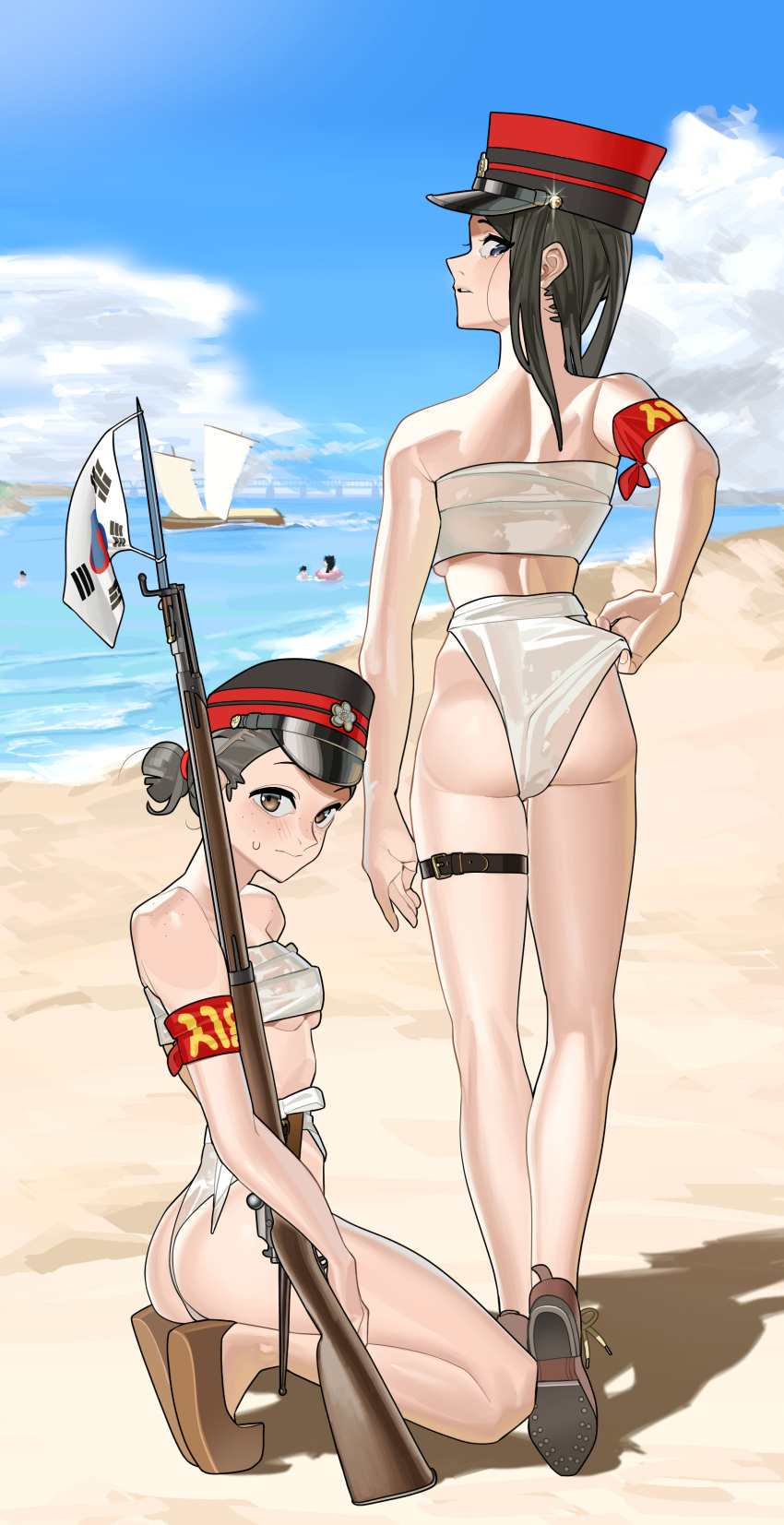 2girls absurdres armband backboob bayonet beach belt bikini bikini_day black_hair blue_eyes blue_sky blush boat body_freckles bolt_action boots breasts brown_eyes brown_footwear chest_sarashi cloud day freckles full_body grey_hair gun hair_bun hair_tie hat highres holding holding_gun holding_weapon horizon imperial_korean_army imperial_korean_flag kneeling korea korean_empire long_hair looking_at_viewer looking_back military military_hat multiple_girls ocean old-fashioned_swimsuit original outdoors panties panty_pull peaked_cap pzkpfwi rifle sail sand sarashi shine ship single_hair_bun sky small_breasts standing sweat sweatdrop swimsuit textless_version underboob underwear water watercraft waves weapon wet wet_clothes white_bikini