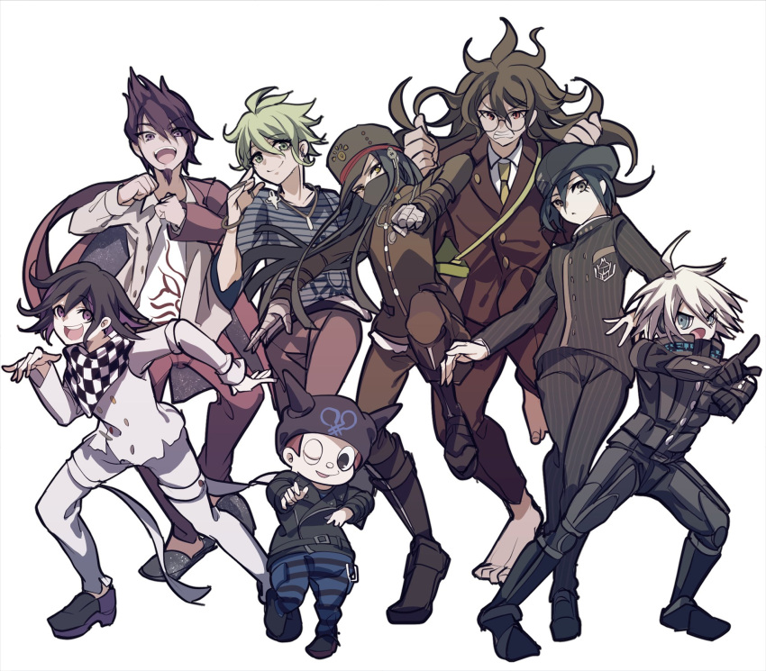 6+boys :d ;d ahoge amami_rantaro barefoot black_footwear black_hair black_headwear black_jacket black_pants blue_pants brown_jacket brown_pants buttons clenched_hands collared_shirt danganronpa_(series) danganronpa_v3:_killing_harmony double-breasted dress_shirt gokuhara_gonta green_hair grey_background grey_eyes grey_hair grey_jacket grey_pants hands_up highres hoshi_ryoma jacket jewelry k1-b0 long_hair long_sleeves momota_kaito multiple_boys necklace nota_sayaka oma_kokichi one_eye_closed open_clothes open_jacket open_mouth open_shirt pants power_armor print_shirt purple_footwear saihara_shuichi shinguji_korekiyo shirt short_hair simple_background smile spiked_hair spiked_hat striped striped_jacket striped_pants teeth upper_teeth_only white_shirt