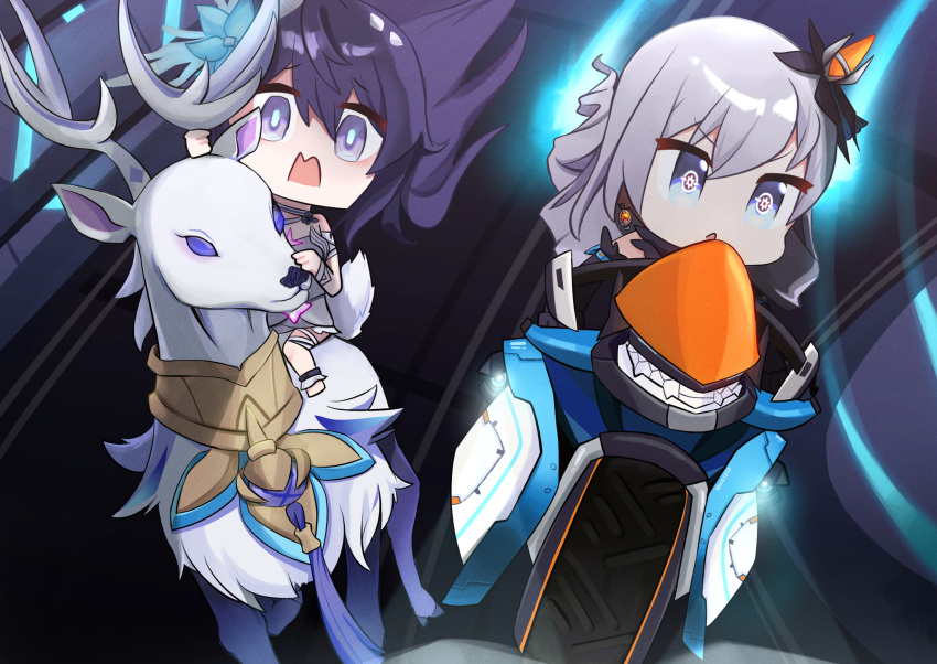 2girls :d animal bronya_zaychik bronya_zaychik_(herrscher_of_reason) deer driving english_commentary flower grey_eyes grey_hair hair_flower hair_ornament highres honkai_(series) honkai_impact_3rd long_hair mark1019 motor_vehicle motorcycle multiple_girls open_mouth project_bunny racing riding seele_vollerei seele_vollerei_(herrscher_of_rebirth) smile v-shaped_eyebrows