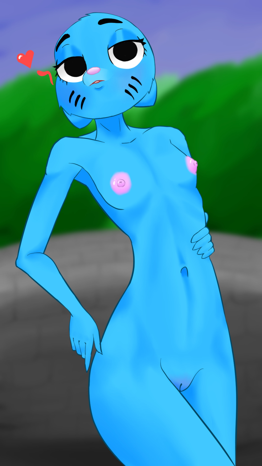 &lt;3 anthro blue_body blue_fur breasts cartoon_network domestic_cat felid feline felis female fur genitals hi_res looking_at_viewer mammal nicole_watterson nipples nude pippus pussy shaded simple_background slightly_open_mouth small_breasts solo the_amazing_world_of_gumball