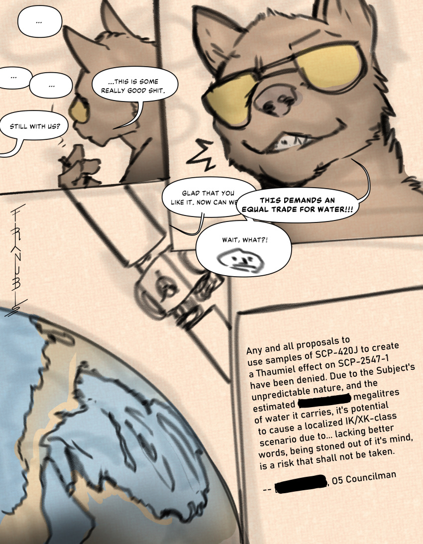 2022 5_fingers ?! abs absurd_res agent_miller_(scp-2547) anthro anthro_focus anthrofied artist_name aviator_glasses biped black_text brown_body brown_fur canid canine canis carrying_penis character_name comic coyote cross cross_necklace dialogue digital_drawing_(artwork) digital_media_(artwork) drugs earth ellipsis emanata english_text exclamation_point eyewear eyewear_only fingers flash_emanata flooding franubis fur hi_res jewelry logo looking_at_viewer male male_focus mammal marijuana muscular muscular_anthro muscular_male necklace necklace_only nude nude_anthro nude_male null offering_to_viewer offscreen_character orange_eyewear orange_sunglasses partially_colored planet question_mark satellite scp-2547-1 scp-3078 scp-420-j scp_foundation sharp_teeth signature simple_background smile smoke smoking smoking_weed solo solo_focus space standing sunglasses sunglasses_only teeth text