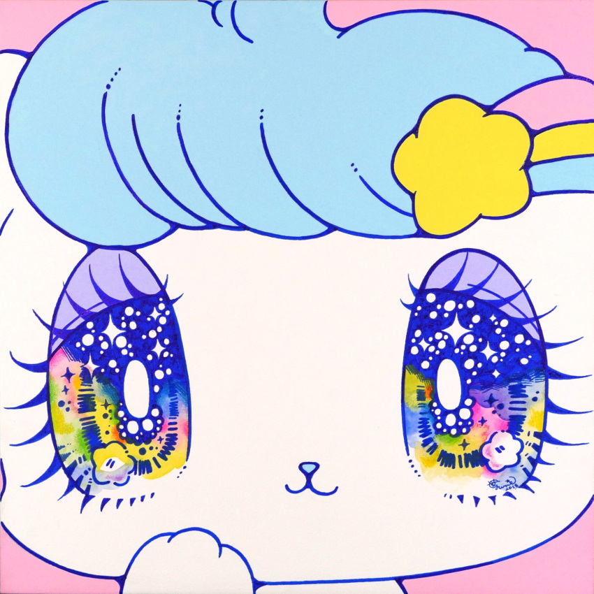 accessory alien ambiguous_gender anthro bangs big_eyes blue_hair blue_nose close-up eyelashes eyeshadow glistening glistening_eyes hair hair_accessory hairclip handpaw hi_res kemono lidded_eyes makeup mammal melo_(peropero_sparkles) mouse multicolored_eyes murid murine official_art paws peropero_sparkles pink_background purple_eyeshadow rainbow_eyes rodent shooting_star simple_background smile solo star white_body yurie_sekiya