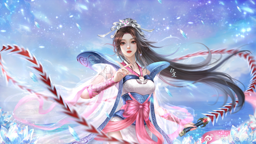 1girl absurdres brown_hair chi_lian_(qinshi_mingyue) cloud cloudy_sky dress earrings flower highres holding holding_weapon jewelry jiu_bai_1212 long_hair lotus o-ring_dress ocean parted_lips ponytail qinshi_mingyue ribbon sash second-party_source see-through sky snowing solo teeth tiara weapon whip_sword white_dress