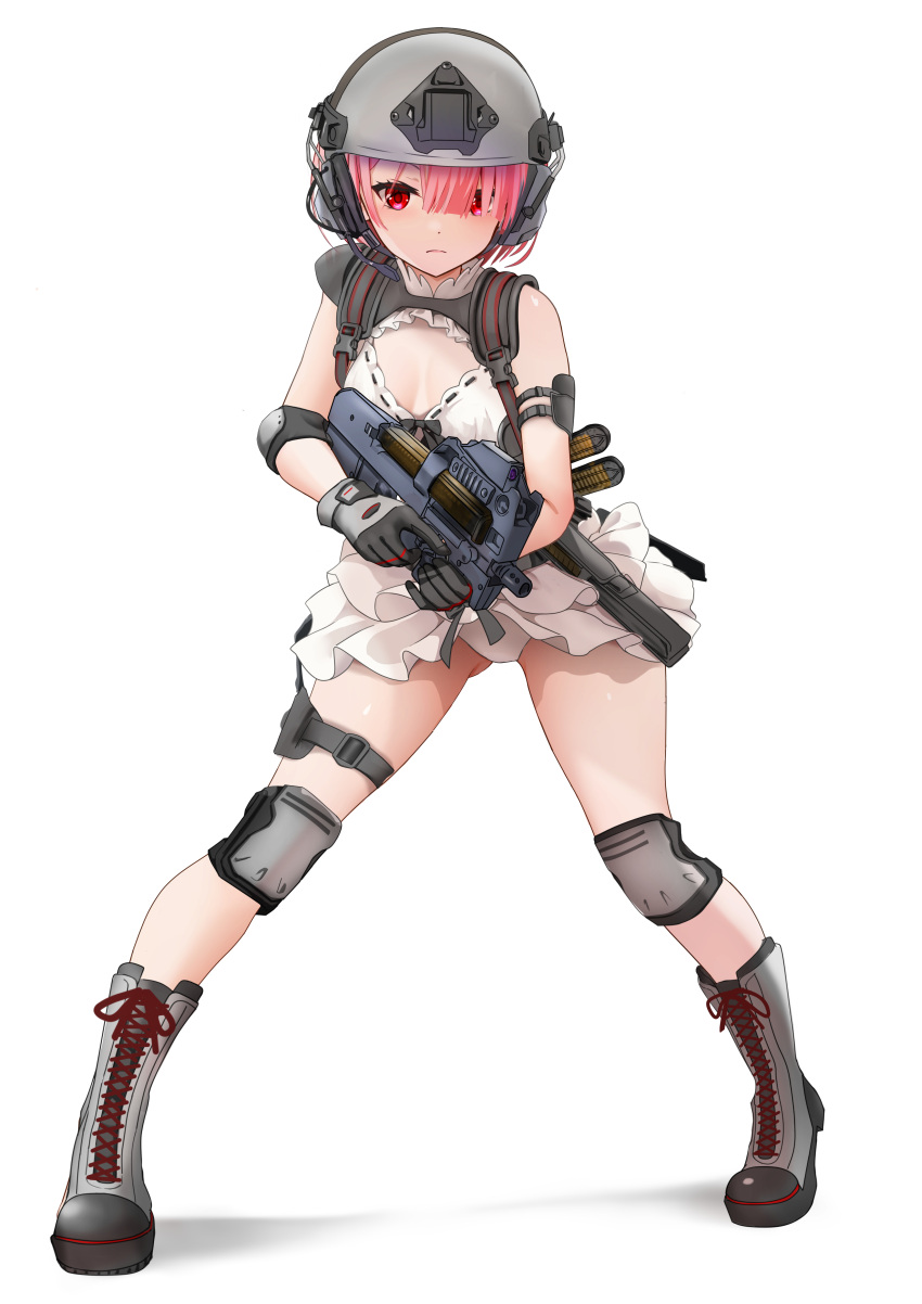 1girl absurdres alternate_costume bare_shoulders barefoot bikini boots breasts clothing_request collarbone commission flower_knot frown full_body gibun_(sozoshu) gun hair_ornament hair_ribbon helmet highres holding holding_gun holding_weapon layered_bikini legs_apart looking_at_viewer machine_gun maid_headdress pink_hair pixiv_commission ram_(re:zero) re:zero_kara_hajimeru_isekai_seikatsu red_eyes red_hair red_ribbon ribbon shiny_skin short_hair small_breasts solo standing swimsuit weapon white_bikini x_hair_ornament