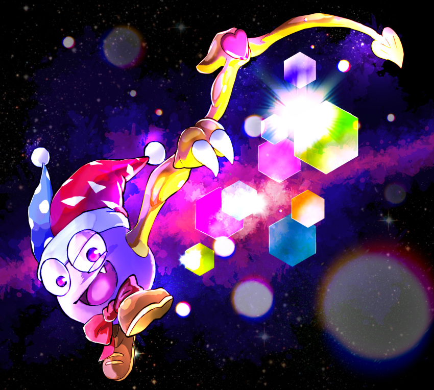 basutaa bow bowtie brown_footwear fang floating hat highres jester_cap kirby_(series) lens_flare marx_(kirby) no_humans open_mouth purple_eyes red_bow red_bowtie solo space two-tone_headwear wings
