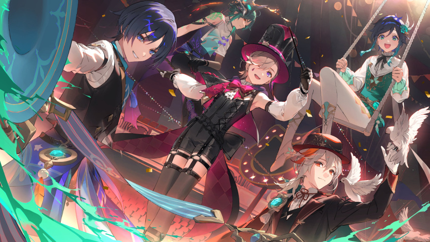 5boys absurdres alternate_costume aqua_hair bird black_gloves black_hair blue_eyes bow braid cape closed_mouth confetti dove dsmile genshin_impact gloves gradient_hair green_hair grey_hair hair_between_eyes hair_over_one_eye hat highres holding jingasa kaedehara_kazuha long_sleeves looking_at_viewer lyney_(genshin_impact) male_focus mask mask_on_head multicolored_hair multiple_boys open_mouth otoko_no_ko pantyhose ponytail purple_hair red_eyes red_hair scaramouche_(genshin_impact) sitting sparkle standing streaked_hair swing thighhighs top_hat twin_braids venti_(genshin_impact) vision_(genshin_impact) wanderer_(genshin_impact) white_gloves white_hair white_pantyhose xiao_(genshin_impact)