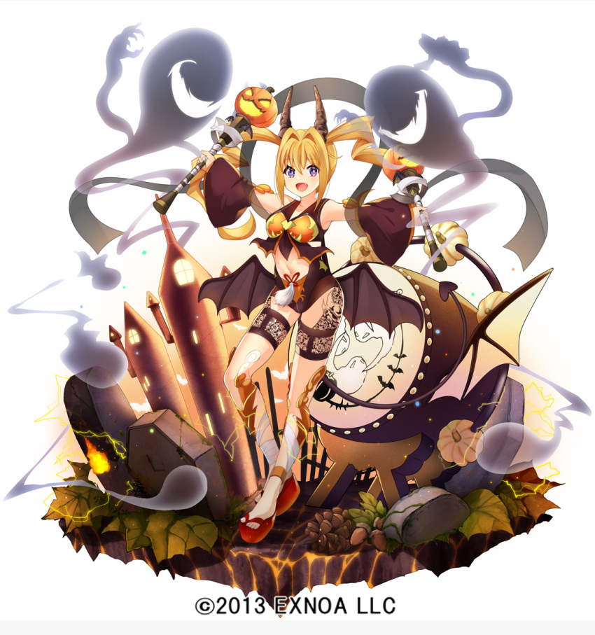 1girl 2013 :d acorn bat_wings black_shawl black_sleeves black_wings blonde_hair clothing_cutout commentary company_name demon_tail detached_sleeves drum drumsticks electricity fang fire full_body ghost hagoromo hair_intakes halloween halloween_costume highres hitodama holding holding_drumsticks horns instrument jack-o'-lantern lace leaf legs low_wings midriff mini_wings navel navel_cutout official_art okobo outstretched_arms pinecone pumpkin purple_eyes red_footwear remii see-through sennen_sensou_aigis shawl short_sleeves simple_background smile solo spread_arms tachi-e taicho128 taiko_drum tail tassel thigh_strap tombstone twintails white_background white_tassel wings
