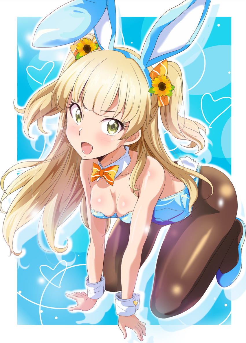 1girl absurdres all_fours animal_ears blonde_hair blue_footwear blue_leotard bow bowtie breasts brown_pantyhose cleavage detached_collar fake_animal_ears flower green_eyes gyaru hair_flower hair_ornament highres idolmaster idolmaster_cinderella_girls jougasaki_rika kneeling kogal leotard long_hair medium_breasts open_mouth orange_bow orange_bowtie pantyhose playboy_bunny rabbit_ears rabbit_tail smile solo strapless strapless_leotard sunflower_hair_ornament tail two_side_up washizuka_shou wrist_cuffs