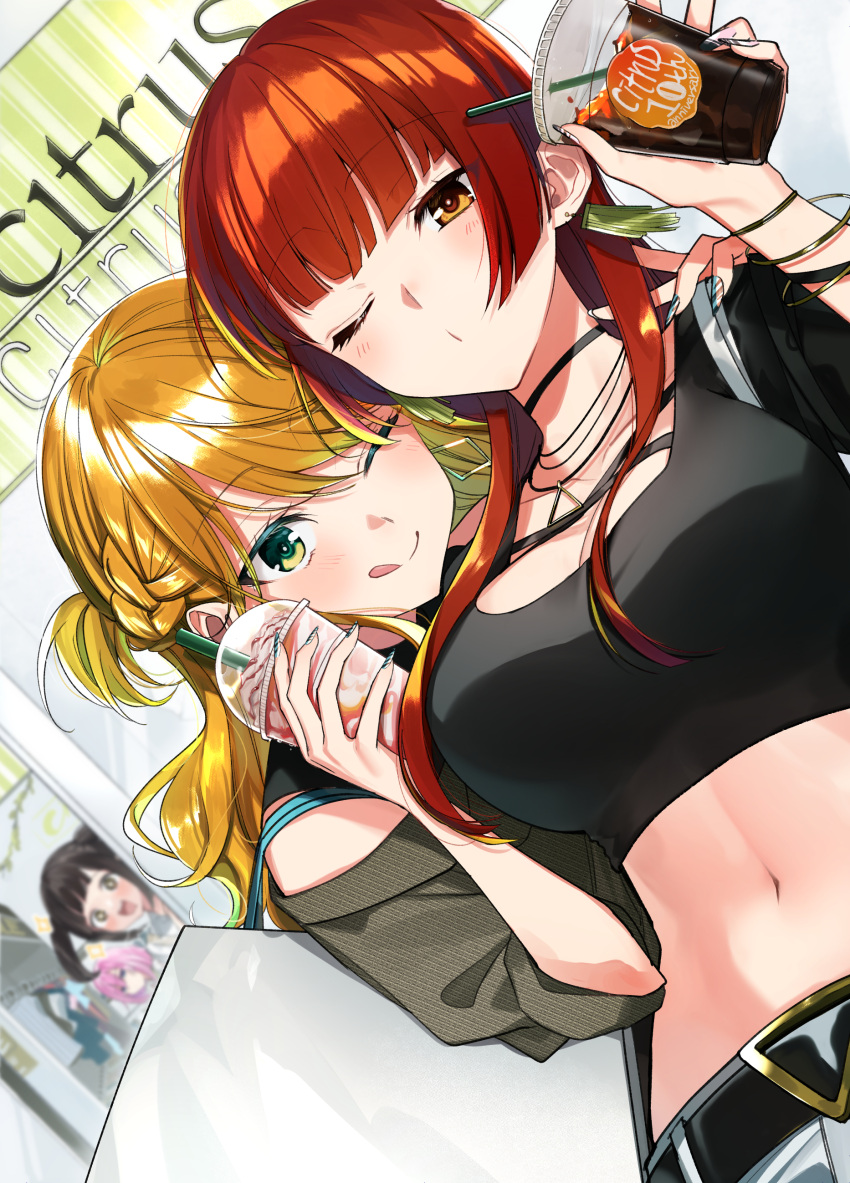 4girls absurdres aihara_yuzu anniversary bag belt black_shirt blonde_hair blurry blurry_background blush bracelet breasts character_request choker citrus_(saburouta) cleavage closed_mouth copyright_name cup disposable_cup drinking_straw earrings green_eyes hand_on_another's_shoulder highres holding holding_cup indoors jewelry large_breasts long_hair looking_at_viewer midriff mizusawa_matsuri multiple_girls navel necklace official_art one_eye_closed orange_eyes puckered_lips red_hair shirt shopping_bag taniguchi_harumi tank_top tongue tongue_out upper_body yuama_(drop)