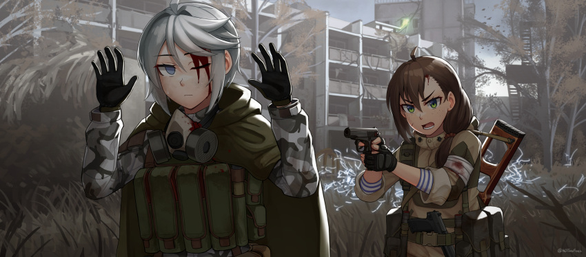 2girls absurdres ahoge bandaged_arm bandages bangs black_gloves blood blood_on_bandages blood_on_face blue_eyes blue_sky brown_hair brown_jacket building camouflage camouflage_jacket cloak closed_mouth commentary_request day fingerless_gloves gloves green_cloak green_eyes grey_hair grey_jacket gun hair_between_eyes handgun hands_up highres holding holding_gun holding_weapon jacket long_sleeves multiple_girls ndtwofives one_eye_closed open_mouth outdoors respirator rifle ruins sky sniper_rifle stalker_(game) tree twitter_username v-shaped_eyebrows vss_vintorez weapon weapon_request