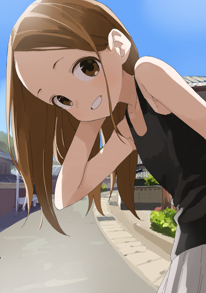 1girl absurdres bare_shoulders blue_sky brown_eyes brown_hair commentary_request day flat_chest grey_skirt highres karakai_jouzu_no_takagi-san long_hair looking_at_viewer outdoors road skirt sky sleeveless smile solo street takagi-san tank_top yamamoto_souichirou