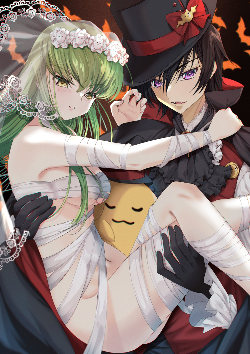 1boy 1girl absurdres ascot bandages bat_background black_ascot black_gloves black_hair bow breasts bridal_veil budgiepon c.c. carrying cheese-kun code_geass crossed_legs gloves green_hair halloween hat hat_bow hat_ornament head_wreath hetero highres lelouch_vi_britannia medium_breasts mummy_costume navel parted_lips princess_carry purple_eyes scar scar_on_breasts stomach top_hat veil yellow_eyes