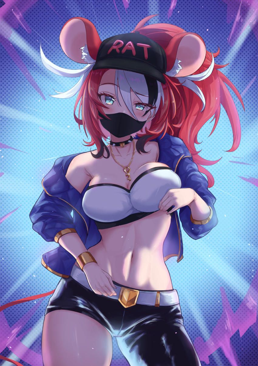 1girl absurdres alternate_costume alternate_hairstyle animal_ear_fluff animal_ears asymmetrical_clothes bandeau baseball_cap black_hair black_jacket black_mask black_pants bracelet breasts cafelittle choker clothes_lift contrapposto hair_between_eyes hakos_baelz hat high_ponytail highres hololive hololive_english jacket jewelry key_necklace leather leather_pants looking_at_viewer mask midriff mouse_ears mouse_girl mouse_tail mouth_mask multicolored_hair navel necklace off_shoulder pants raised_eyebrow red_hair shirt_lift single_bare_shoulder single_pantsleg solo spiked_choker spikes stomach strapless streaked_hair swept_bangs tail tube_top unaligned_breasts virtual_youtuber white_bandeau white_hair white_tube_top wide_ponytail