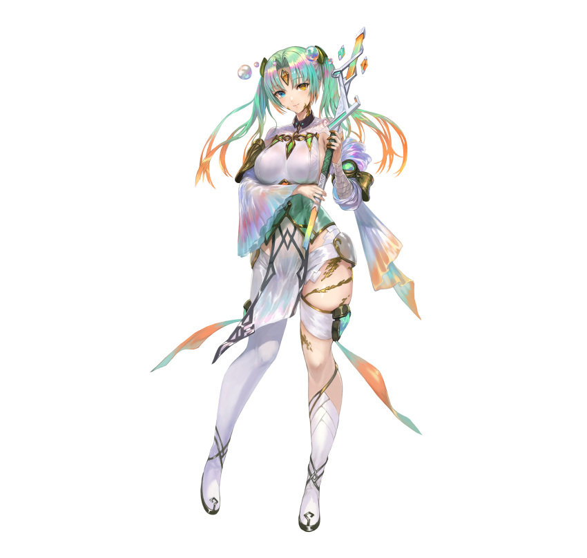 1girl asymmetrical_clothes bandages blue_eyes boots breasts closed_mouth commentary_request fire_emblem fire_emblem_heroes full_body gradient_clothes gradient_hair green_hair hair_ornament heidr_(fire_emblem) heterochromia highres holding lips long_hair looking_at_viewer medium_breasts multicolored_hair official_art orange_hair pants pelvic_curtain purple_hair silver_trim simple_background single_boot solo standing thigh_strap thighs twintails wand white_background wide_sleeves yellow_eyes yoshiku_(oden-usagi)