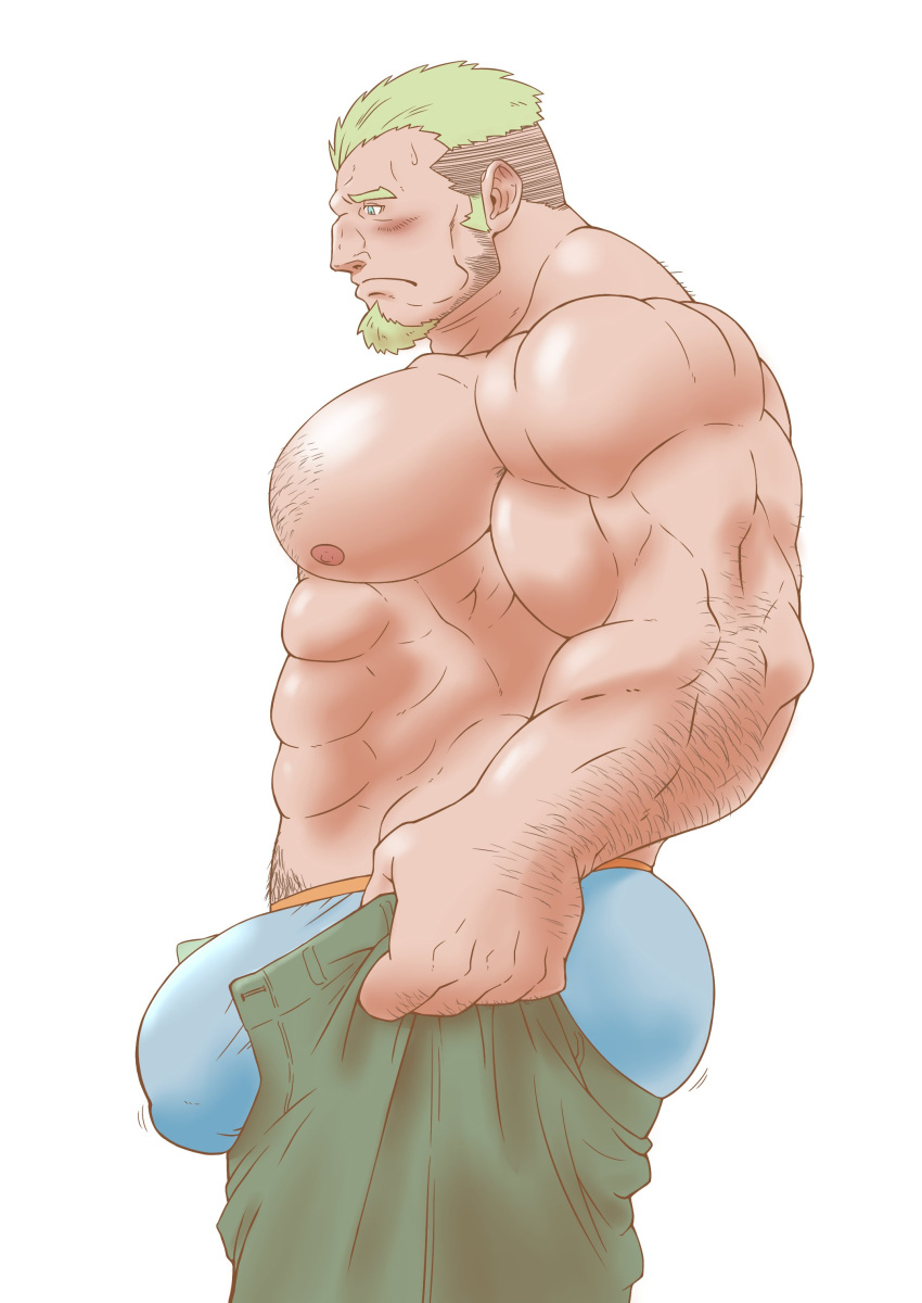 1boy abs absurdres arm_hair ass bara beard biceps blonde_hair blue_male_underwear blush bulge bulge_lift chest_hair dressing facial_hair feet_out_of_frame from_side goatee green_pants hairy highres i've_never_seen_a_guy_recreate_this_successfully_tbh_(meme) large_bulge large_pectorals long_sideburns male_focus male_underwear mature_male meme minatsumi motion_lines muscular muscular_male navel_hair nipples old old_man open_pants original pants pants_lift pectorals pout short_hair sideburns solo stomach thick_arms topless_male triceps undercut undersized_clothes underwear
