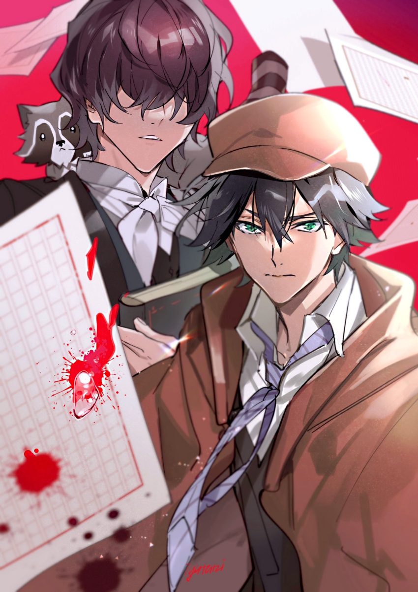 2boys animal_on_shoulder black_hair black_jacket black_vest blood blood_splatter book brown_capelet brown_headwear bungou_stray_dogs cabbie_hat capelet closed_mouth collared_shirt covered_eyes detective double-parted_bangs edgar_allan_poe_(bungou_stray_dogs) edogawa_ranpo_(bungou_stray_dogs) flying_paper genkou_youshi green_eyes hair_between_eyes hair_over_eyes hat highres holding holding_book iyutani jacket long_sleeves looking_at_viewer male_focus multiple_boys neckerchief necktie open_collar paper parted_lips purple_hair purple_necktie raccoon red_background serious shirt short_hair striped_necktie upper_body vest water_drop white_neckerchief white_shirt