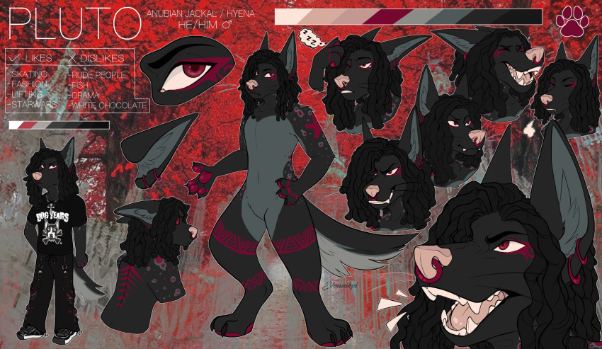anthro anubian_jackal arm_markings artist_sloanikoi barking black_body black_fur black_hair calm canid canine canis character_pluto clothed clothing dreadlocks ear_piercing english_text facial_piercing fur fur_markings grin hair hand_markings hi_res hybrid hyena jackal laugh looking_at_viewer male male/male mammal markings model_sheet muscular muscular_anthro muscular_male normotheanubis nose_piercing pawpads piercing smile solo tattoo text tired tribal tribal_markings