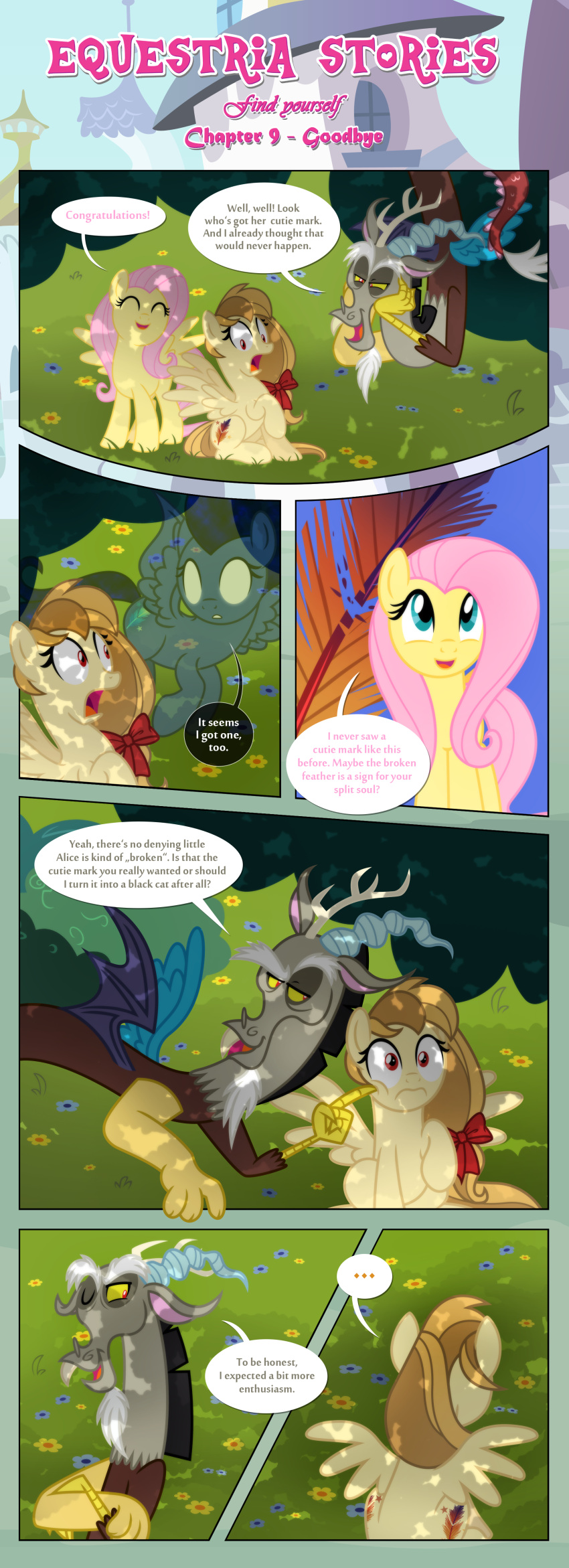 absurd_res accessory alice_goldenfeather_(estories) anthro astral_projection bat_wings black_border border bow_ribbon canterlot chimera cutie_mark dialogue discord_(mlp) draconequus earning_your_cutie_mark ears_up equid equine estories female feral flower fluttershy_(mlp) friendship_is_magic frown group hair_accessory hair_bow hair_ribbon happy hasbro hi_res male mammal membrane_(anatomy) membranous_wings my_little_pony narrowed_eyes one_eye_closed open_mouth outside overwhelmed pegasus penumbra_(estories) plant poking_cheek ribbons shocked shocked_expression shocked_face sitting speechless standing translucent tree wide_eyed wings