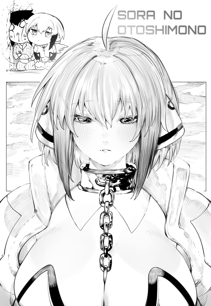 1boy 1girl absurdres ahoge armor breasts chain chain_leash cheek-to-cheek chibi cleavage collar copyright_name greyscale heads_together highres huge_breasts ikaros leash medium_hair monochrome multiple_views niwarhythm robot_ears sakurai_tomoki shoulder_armor sora_no_otoshimono